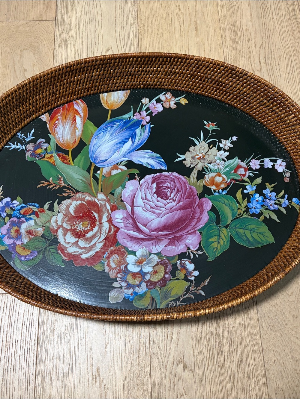 Floral Decorative Woven Edge Serving Tray - Black Background, Multicolor Floral